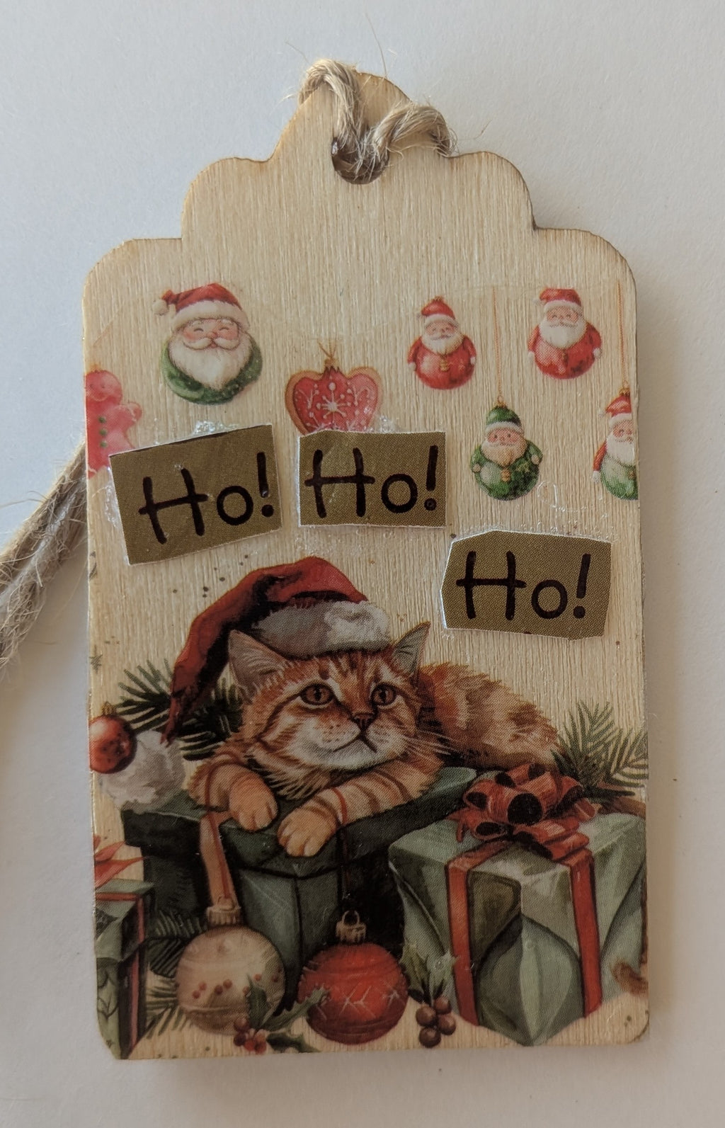 Orange Santa Kitty Wooden Gift Tag 1.5"x2.7"