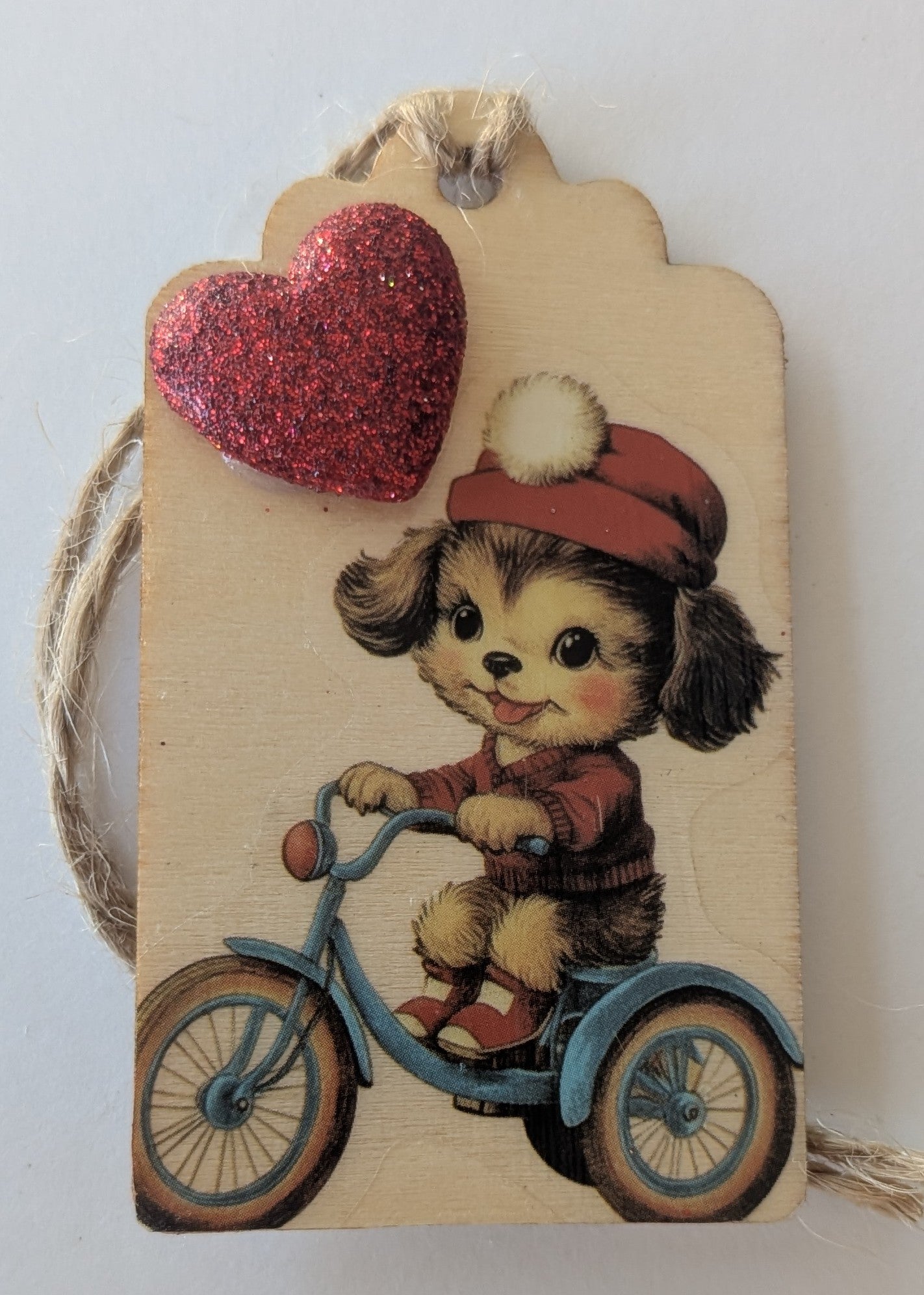 Bike Riding Puppy Wooden Gift Tag 1.5"x2.7"