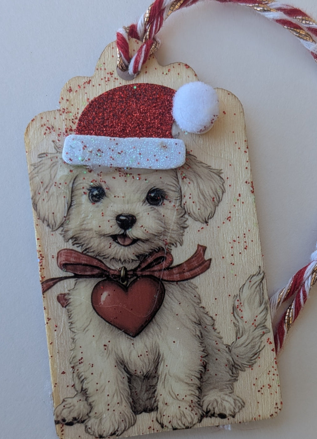 Santa Puppy Wooden Gift Tag 1.5"x2.7"