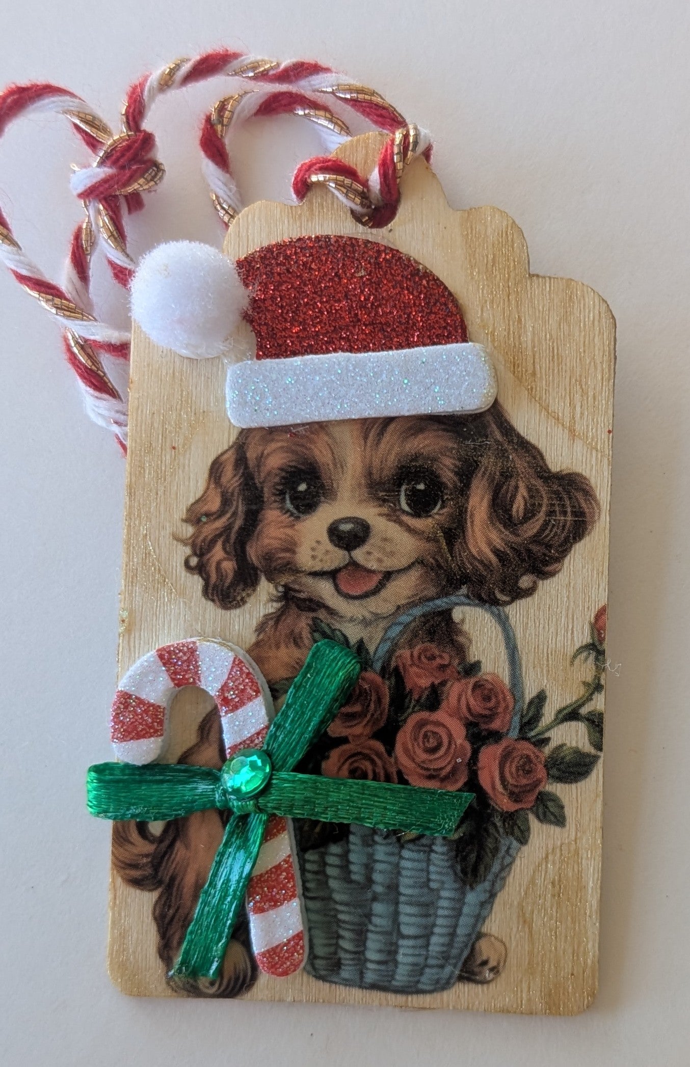 Santa Puppy Wooden Gift Tag 1.5"x2.7"