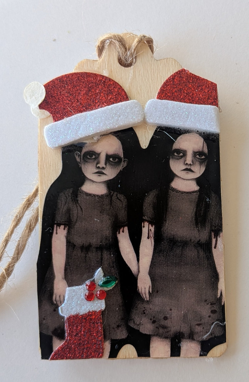 Creepy Twin Santa Girls Wooden Gift Tag 1.5"x2.7"