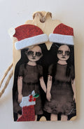 Creepy Twin Santa Girls Wooden Gift Tag 1.5"x2.7"
