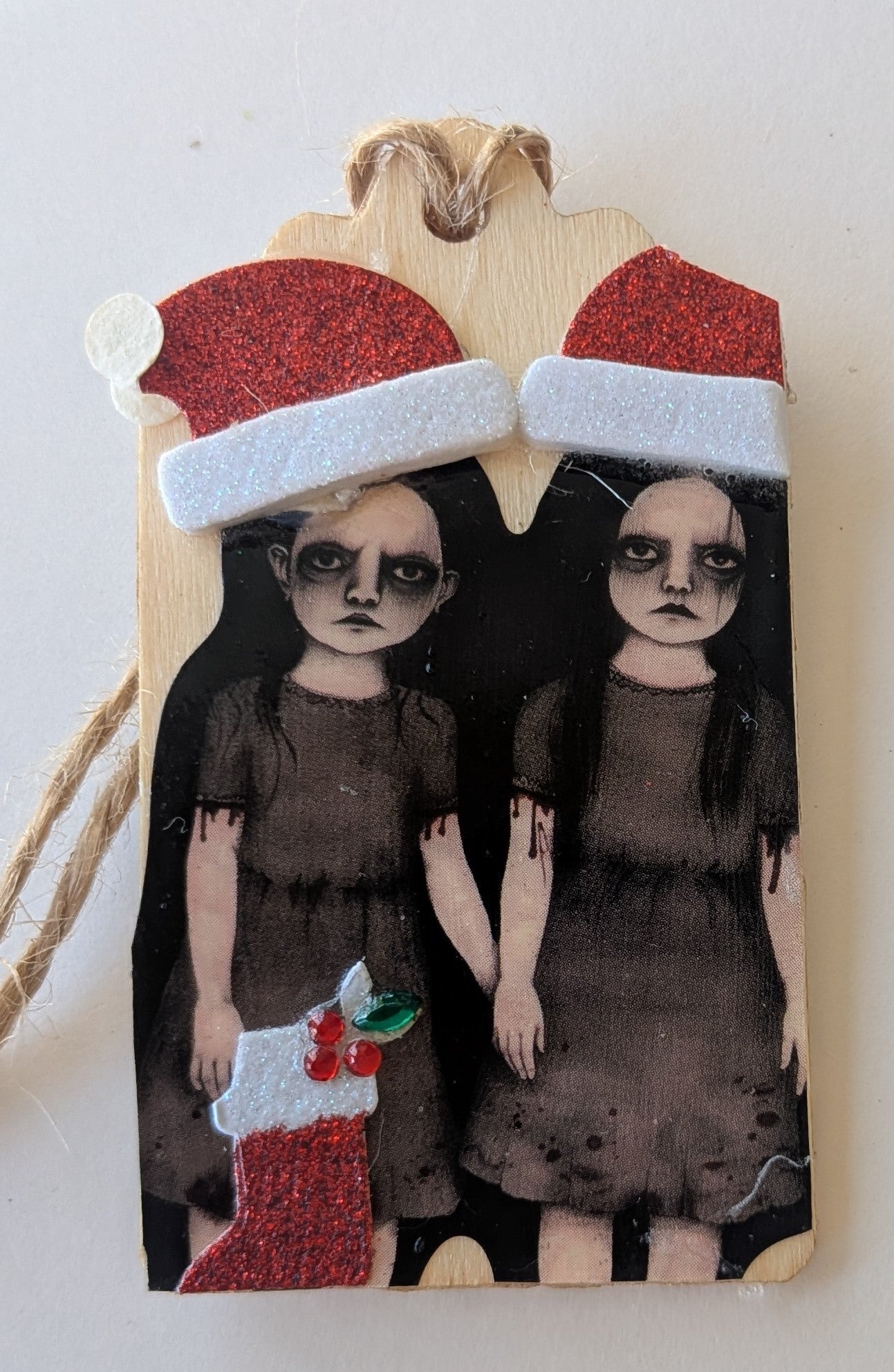 Creepy Twin Santa Girls Wooden Gift Tag 1.5"x2.7"