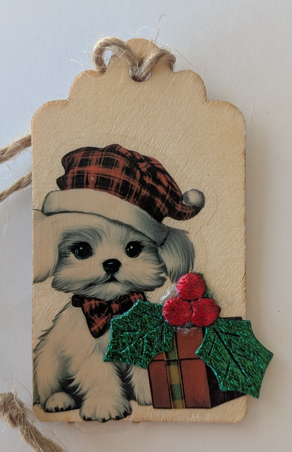 Santa Puppy Wooden Gift Tag 1.5"x2.7"
