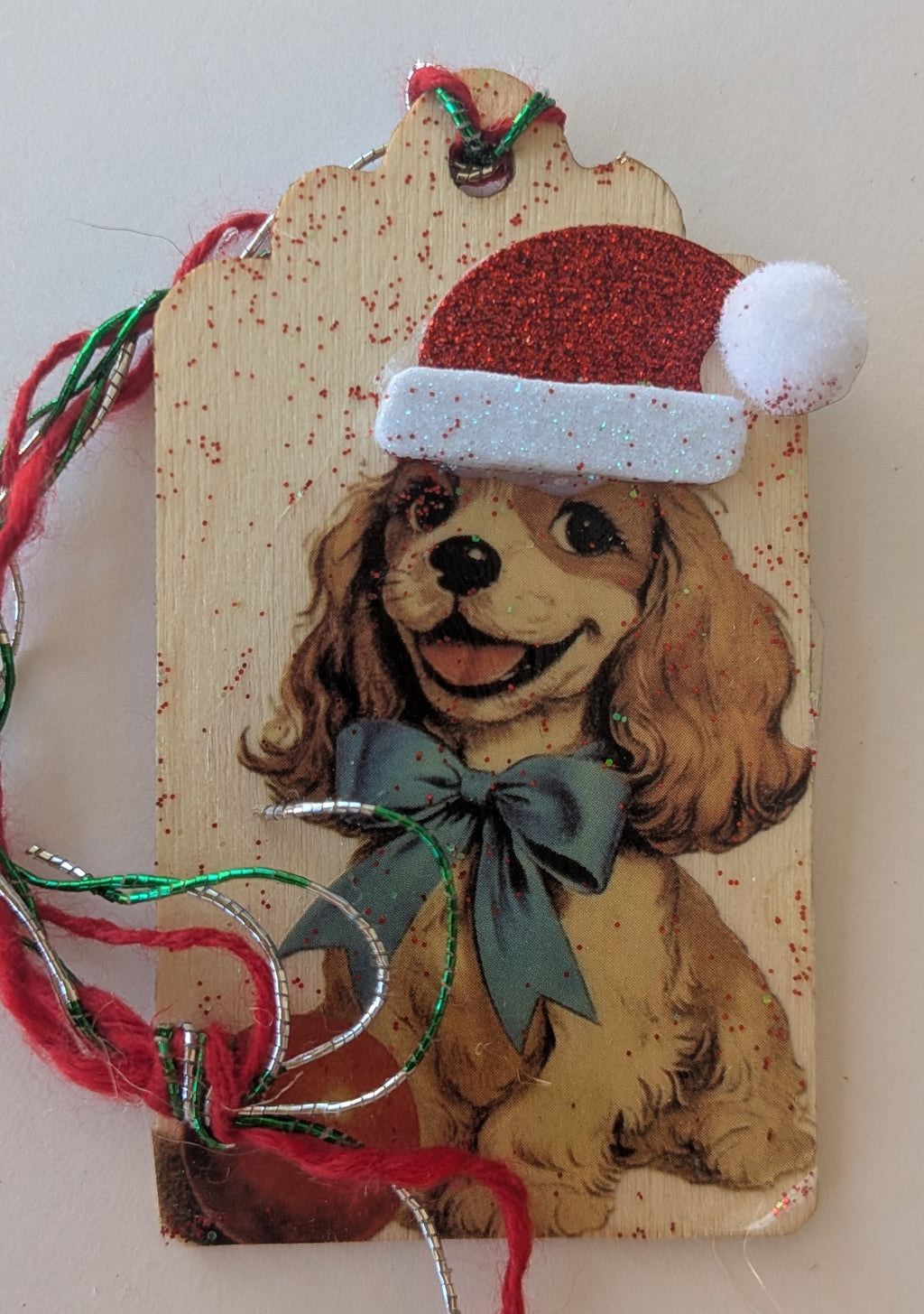 Santa Puppy Wooden Gift Tag 1.5"x2.7"